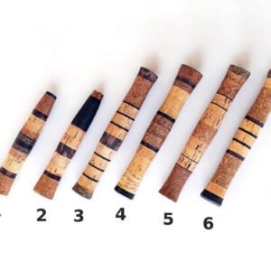 Collection of six one-of-a-kind handcrafted cork fly rod grips, numbered 1 to 6, made with Flor grade and burl cork with black accents