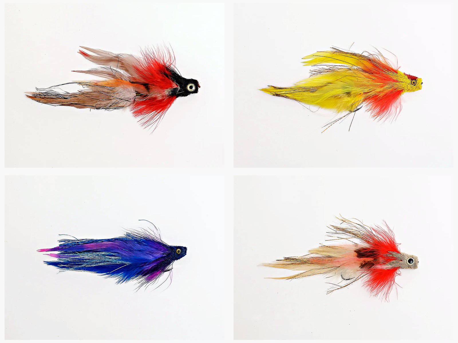 Handmade fly pack of 4 artisan streamers in red, yellow, blue and cream, hand-tied in Valencia