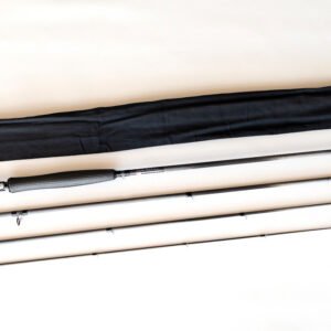 9ft #5wt custom fly rod from the 2026 Soul & Spiral Collection featuring a hand-sculpted graphite grip and spiral guide system, handmade in Valencia, Spain.