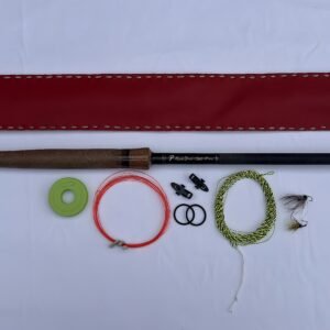Handmade Pro-Slim 360 limited edition tenkara rod, 3.60m, with red hand-stitched leather case and gift set: EVA line winder, braided line, nylon line, flies and line keepers