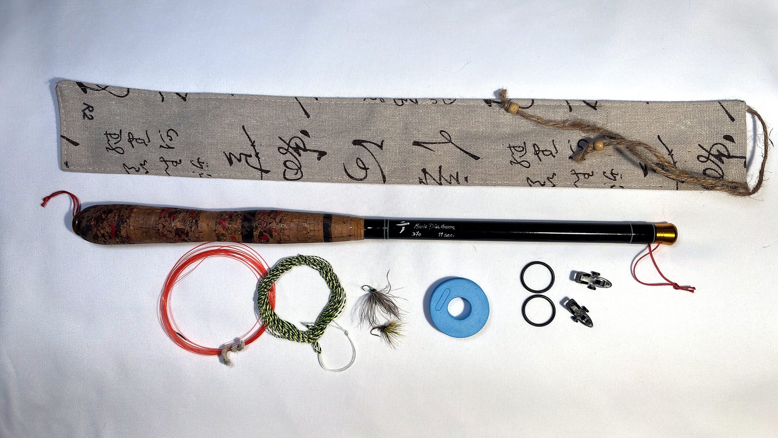 Handmade Tenkara R2 rod, numbered 2 of 24, folds to 44cm closed, with unique hand-stitched calligraphy-print fabric case and gift set