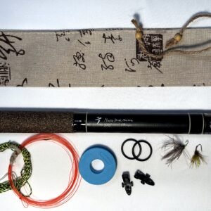 Handmade Tenkara R3 rod, numbered 3 of 24, folds to 28cm closed, with unique hand-stitched calligraphy-print fabric case and gift set
