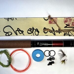 Handmade Tenkara R4 rod with signature burgundy blank accent, numbered 4 of 24, folds to 34cm closed, with unique ivory calligraphy-print fabric case and gift set