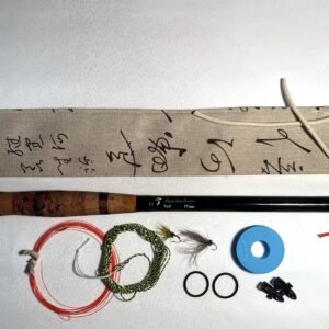 Handmade Tenkara R5 rod, numbered 5 of 24, folds to 44cm closed, with unique hand-stitched calligraphy-print fabric case and gift set