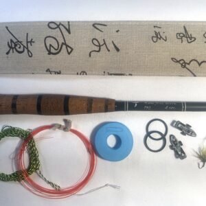 Handmade Tenkara R6 rod with banded cork handle, numbered 6 of 24, folds to 59cm closed, with unique hand-stitched calligraphy-print fabric case and gift set