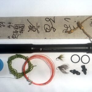 Handmade Tenkara R7 rod, numbered 7 of 24, folds to 30cm closed, with unique hand-stitched calligraphy-print fabric case and gift set