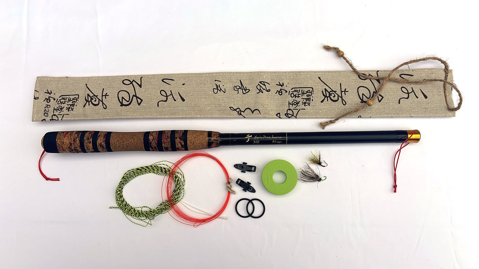 Handmade tenkara rod R20, 348 cm, 10 sections, with linen sleeve, jute cord and gift set, made in Valencia, Spain