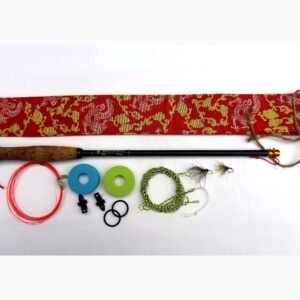 Tenkara R14 fly fishing rod complete kit with red patterned case, line winders, level line and hand-tied flies