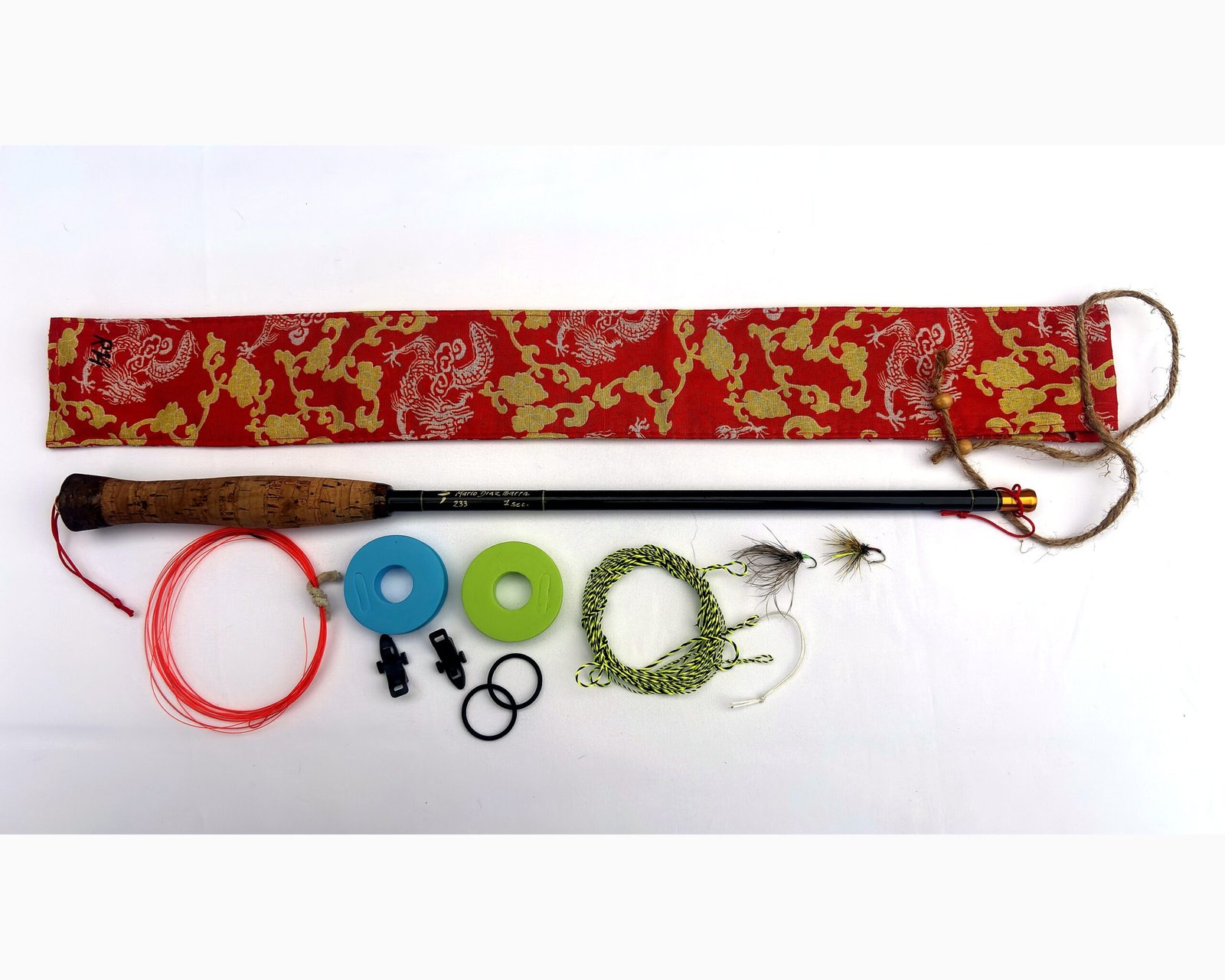 Tenkara R14 fly fishing rod complete kit with red patterned case, line winders, level line and hand-tied flies