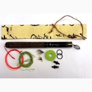 Tenkara R15 fly fishing rod complete kit with cream patterned case, line winder, level line and hand-tied flies