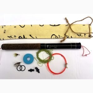 Tenkara R16 fly fishing rod complete kit with cream patterned case, line winder, level line and hand-tied flies