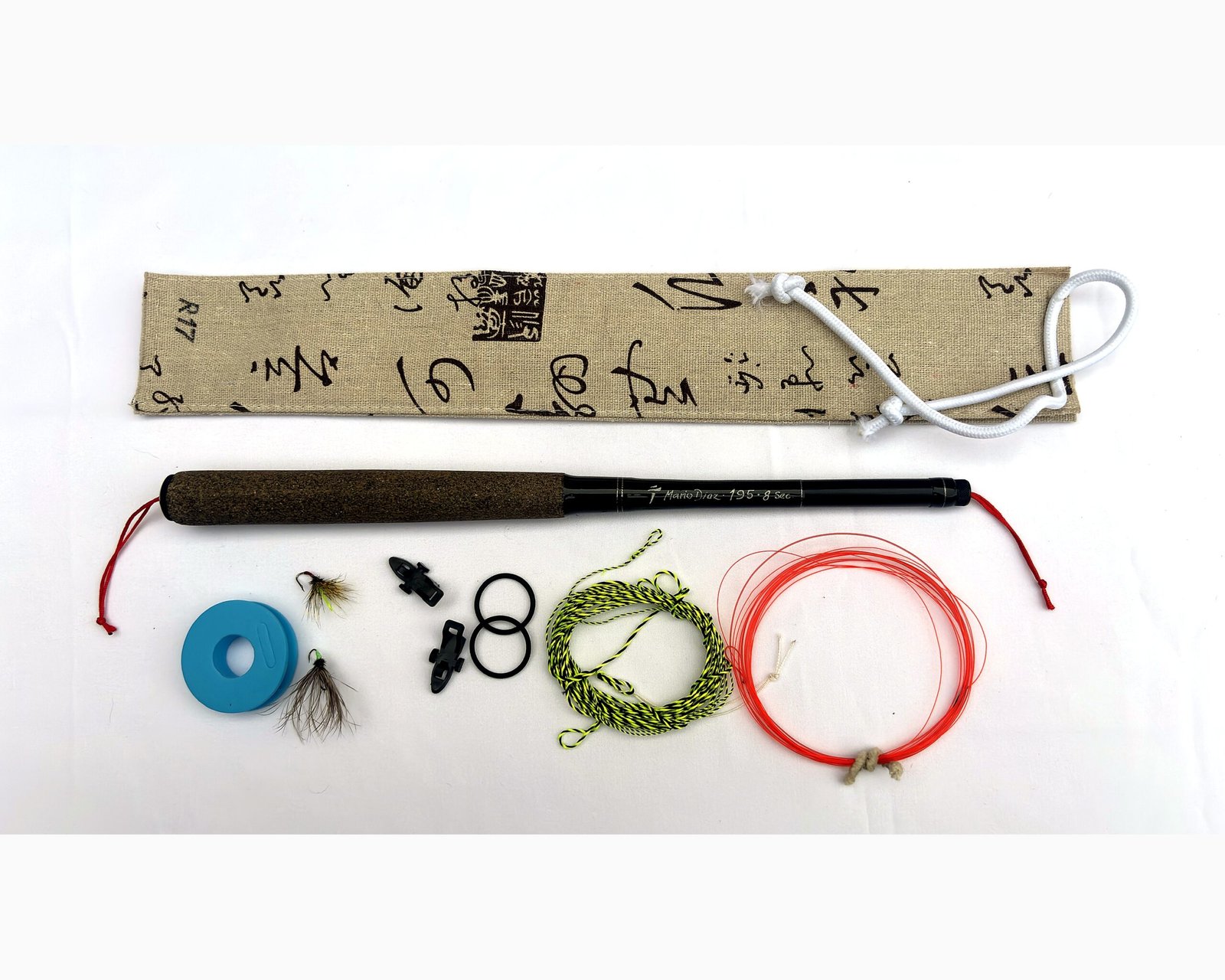 Tenkara R17 fly fishing rod complete kit with linen patterned case, line winder, level line and hand-tied flies