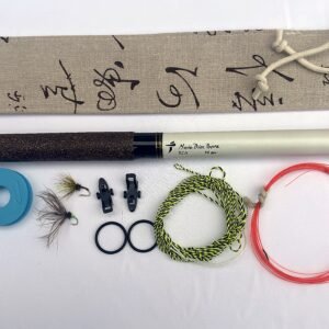 Handmade Tenkara R12 rod with pearl-white blank and gold ferrules, numbered 12 of 24, with unique hand-stitched calligraphy-print fabric case and gift set