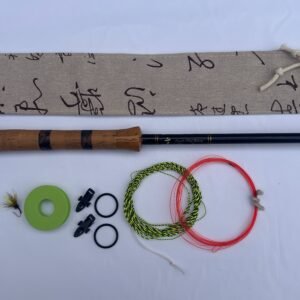 Tenkara R18 handmade fly rod, Unit 18 of 22, with cork handle, calligraphy-print case labeled R18, furled line and flies