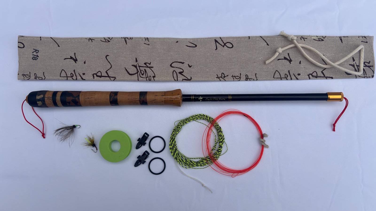 Tenkara R18 handmade fly rod, Unit 18 of 22, with cork handle, calligraphy-print case labeled R18, furled line and flies