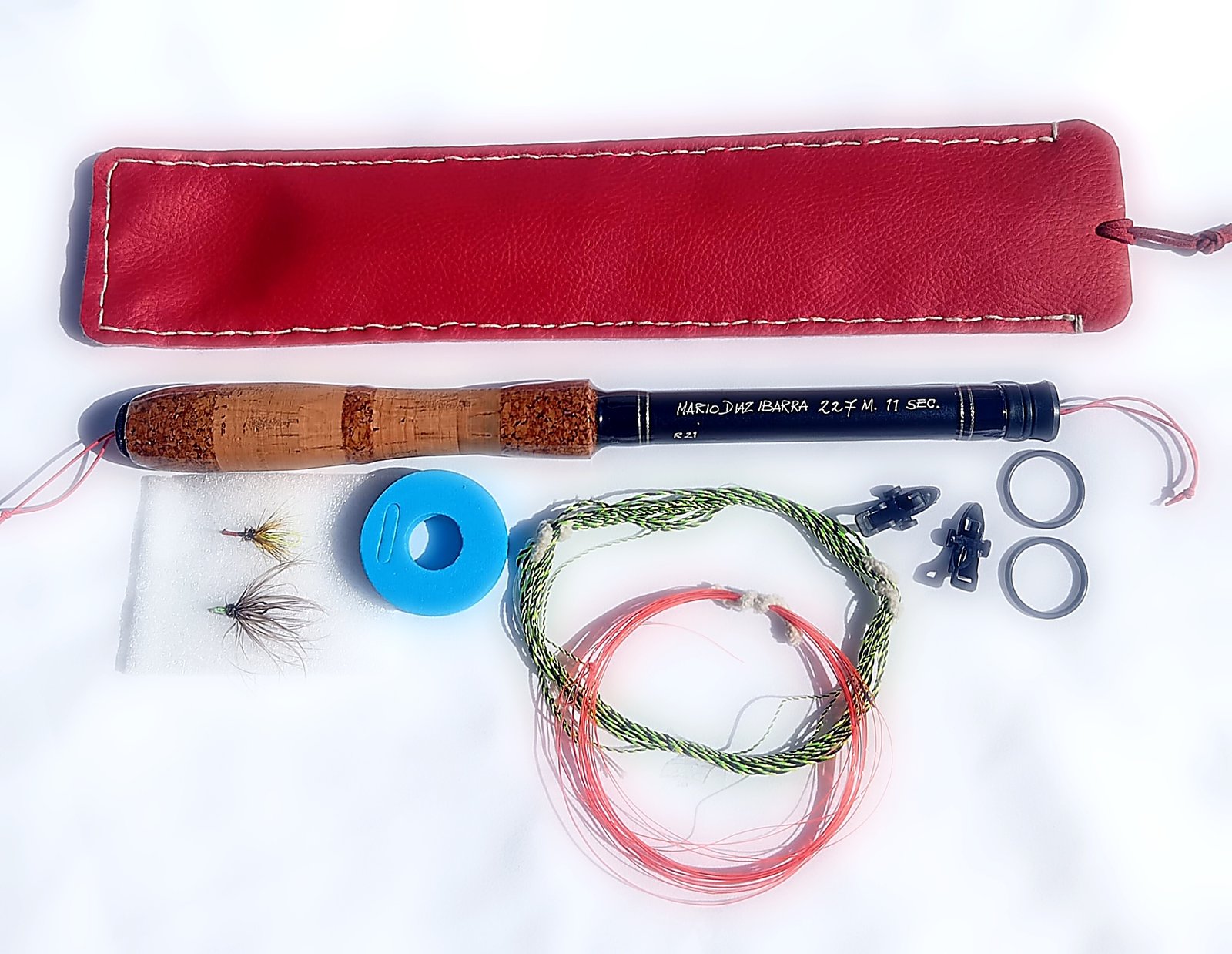 Tenkara R21 handmade fly rod, Unit 21 of 22, with natural cork handle, red leather case, furled line and flies